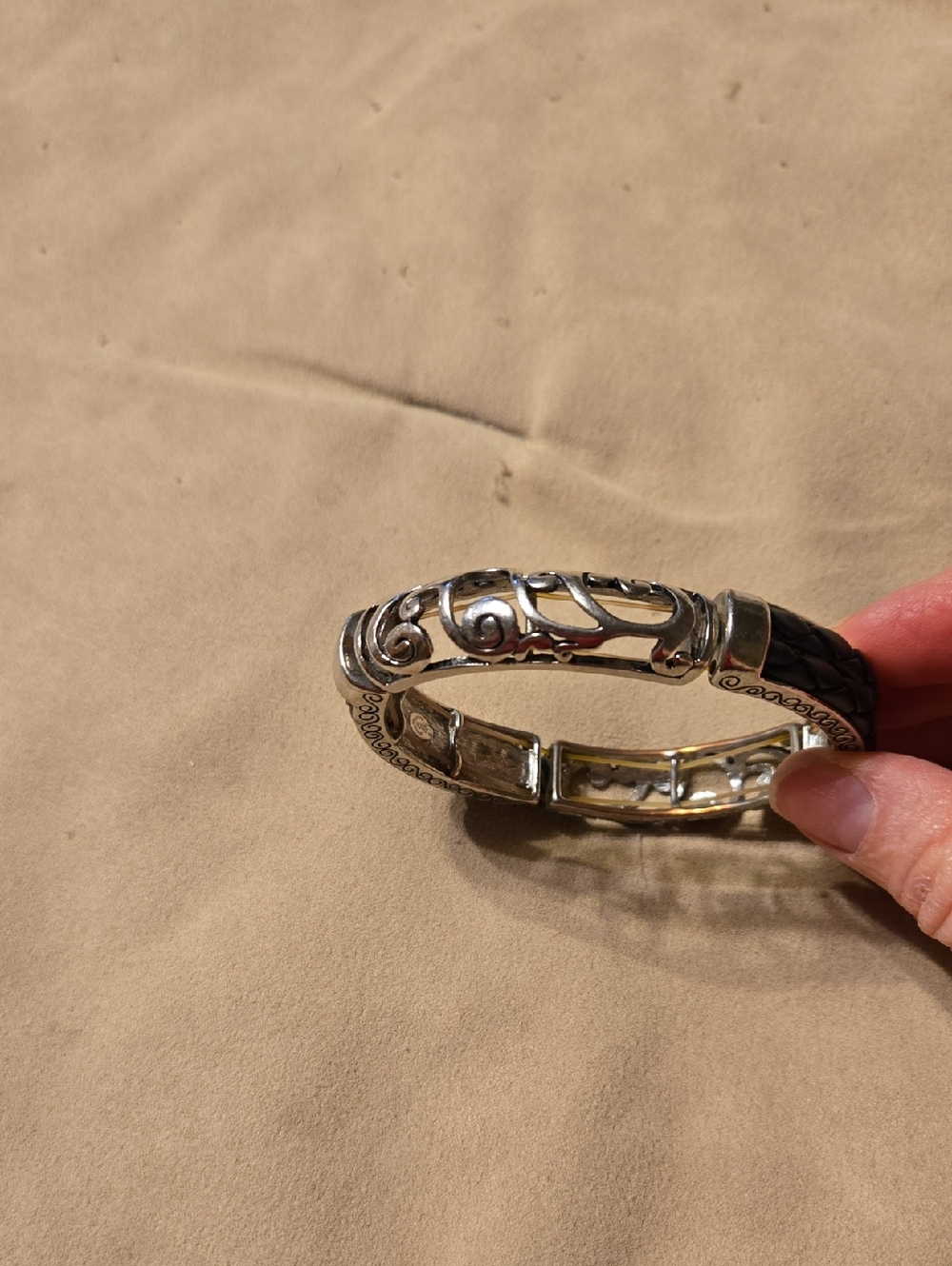 Silver Filigree Hinged Bracelet with Black Leather Inlay